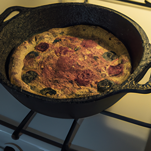 A well-seasoned cast iron Dutch oven, perfect for making homemade pizza.